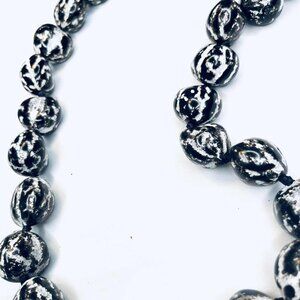 Vintage Ceramic Bead Necklace 1980s, Black & White Glazed Beads, with Ribbon Tie